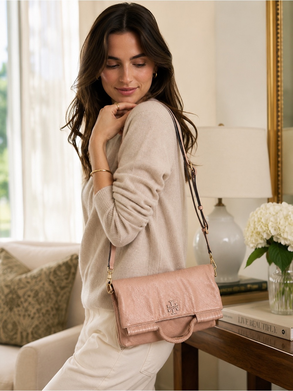 Tory Burch Blush Fold-Over Leather Crossbody Satchel Shoulder Bag - Picture 16 of 16